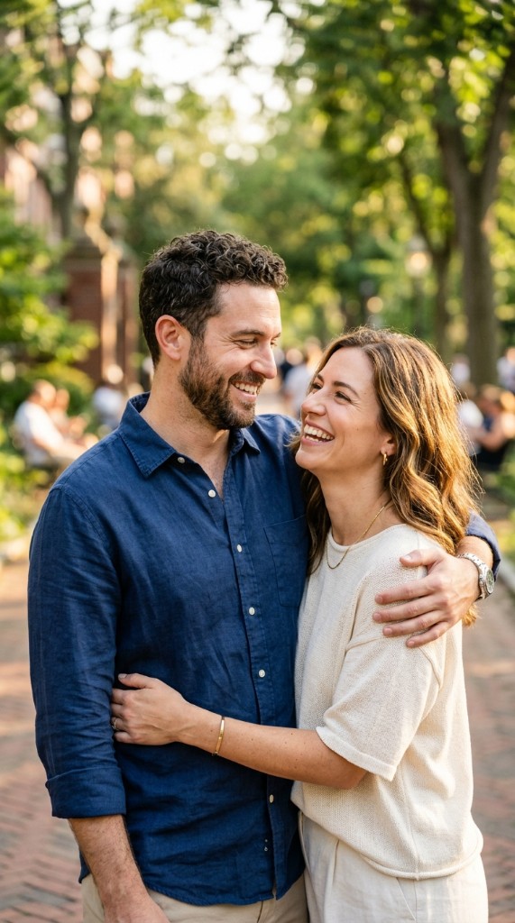 A couple sharing an intimate, joyful moment outdoors