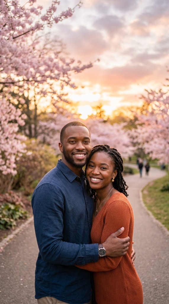 Couple embracing and smiling at each other outdoors