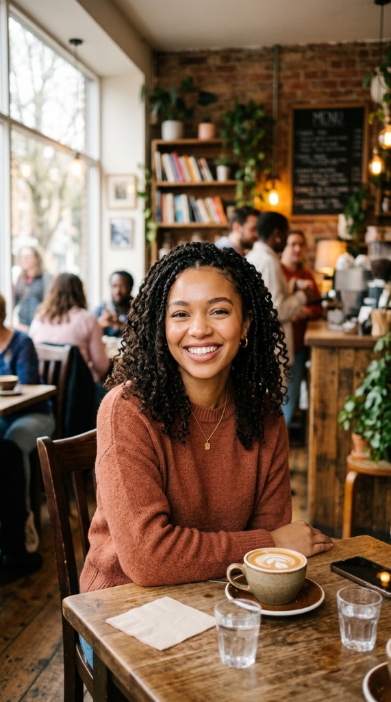 Woman smiling warmly in a café, representing authentic self-expression